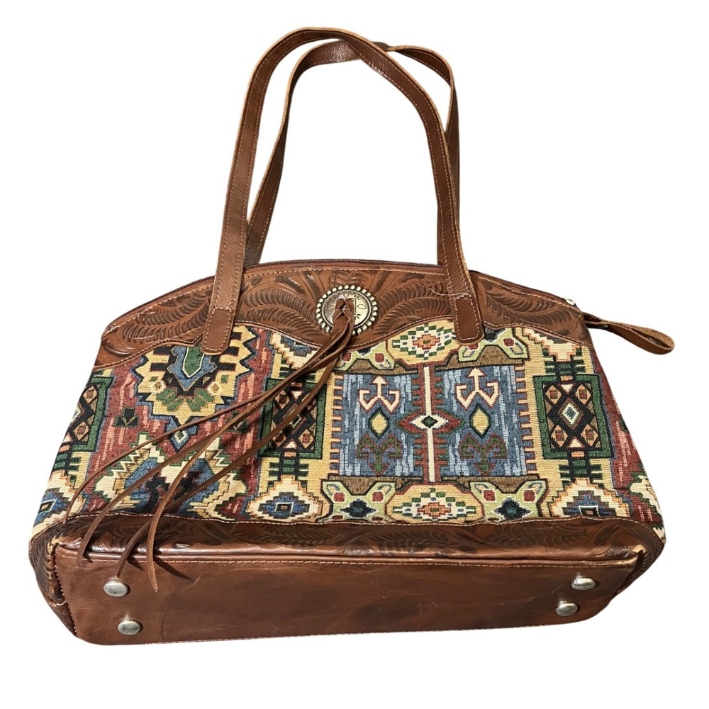 American West Tote Bag Womens Medium Brown Tooled Leather Tapestry Concho Tassel
